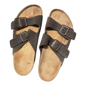 Birkenstock Double Strap Suede Slide Sandals - Dark Brown